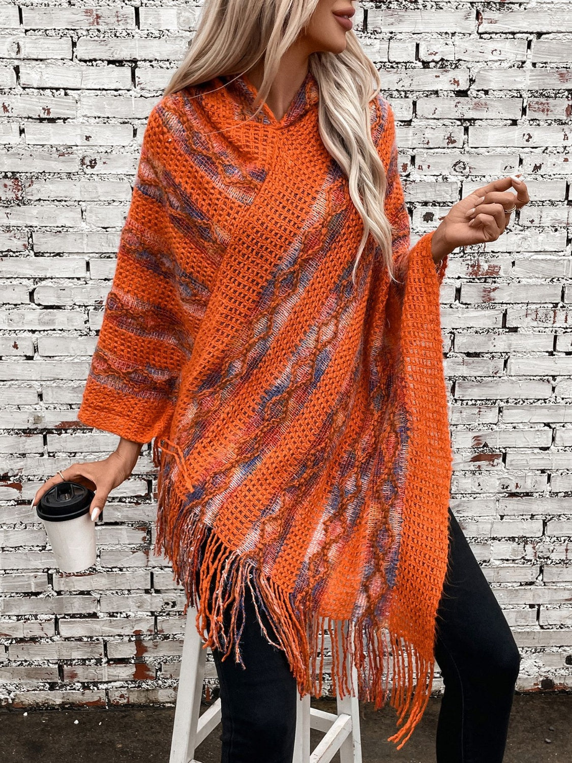 Outfit Flow - Fringe Contrast Hooded Poncho