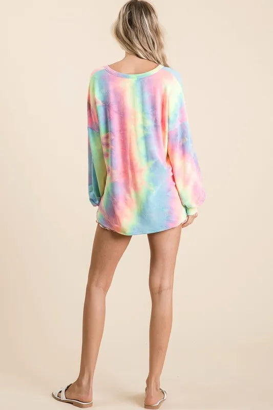 BiBi Tie Dye French Terry Top With Balloon Sleeves OutfitFlow