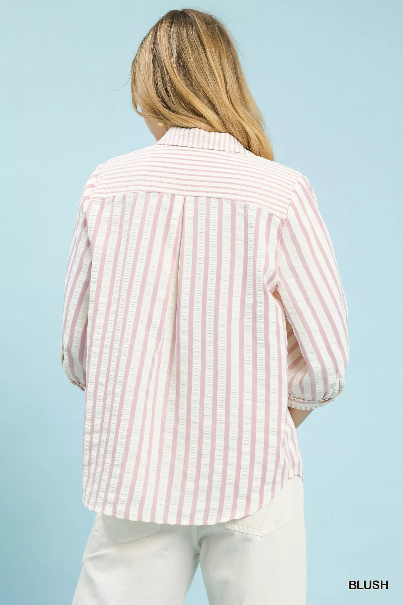Umgee Striped Collared Neck Blouse OutfitFlow
