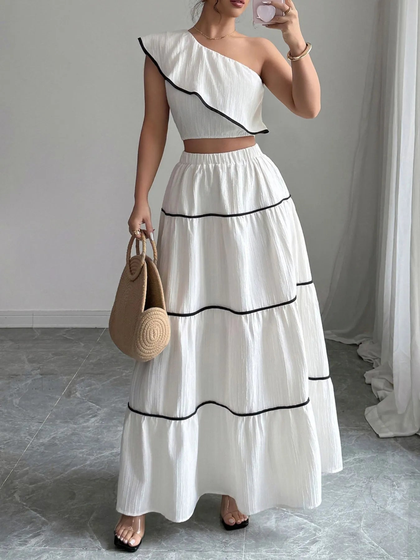 One-Shoulder Ruffle Top and Skirt Two-Piece Set OutfitFlow
