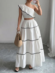 One-Shoulder Ruffle Top and Skirt Two-Piece Set OutfitFlow