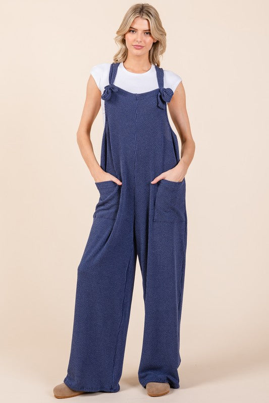 BOMBOM Knot Straps Wide Leg Ribbed Overalls with Pockets