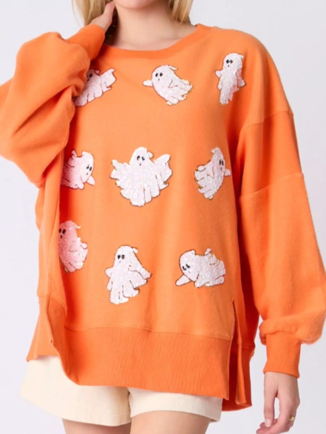 Halloween Sequin Ghost Oversized Sweatshirt OutfitFlow