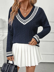 Contrast Striped V-Neck Sweater OutfitFlow