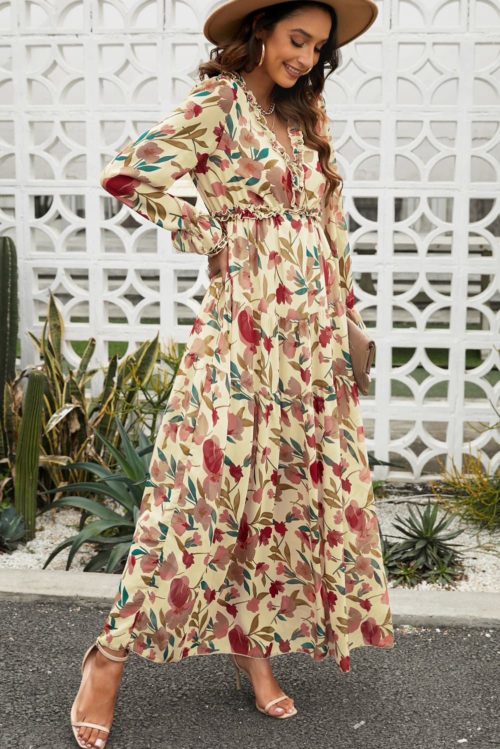 Floral Frill Trim Flounce Sleeve Plunge Maxi Dress OutfitFlow