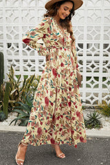 Floral Frill Trim Flounce Sleeve Plunge Maxi Dress OutfitFlow