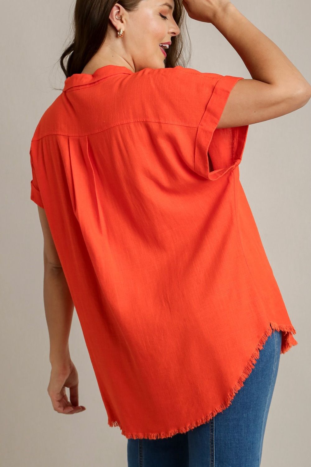 Umgee Full Size Linen Blend Button Down Short Folded Sleeve Shirt Plus Size OutfitFlow