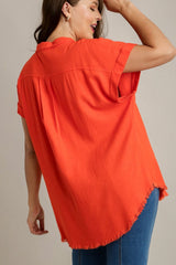 Umgee Full Size Linen Blend Button Down Short Folded Sleeve Shirt Plus Size OutfitFlow