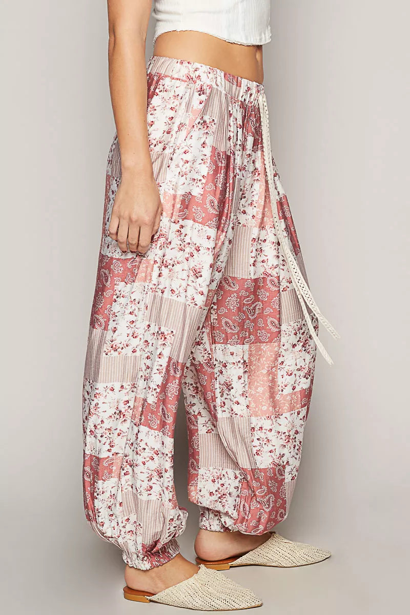 POL Drawstring Floral Patchwork Wide leg Pants OutfitFlow