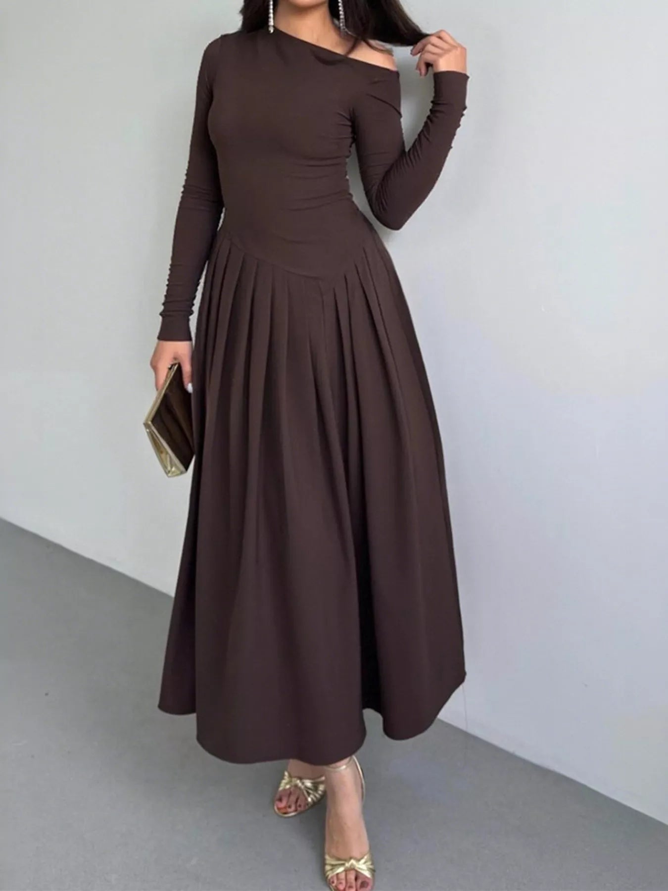 Ruched One Shoulder Long Sleeve Dress OutfitFlow
