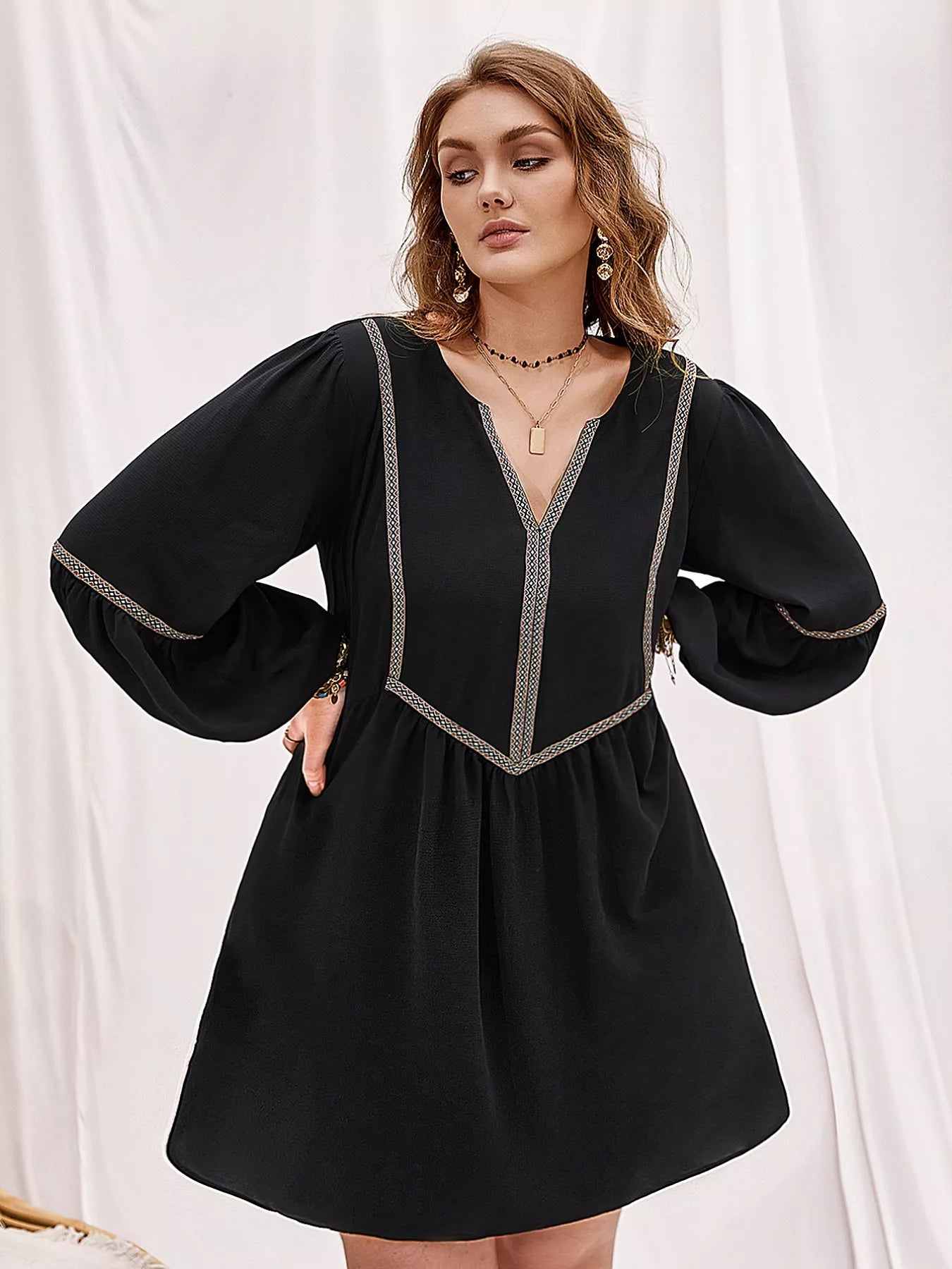 Plus Size Notched Balloon Sleeve Mini Dress OutfitFlow