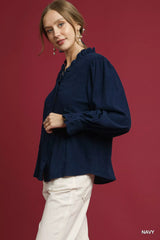 Umgee Corduroy Ruffle Shirt with Long Puff Sleeves OutfitFlow