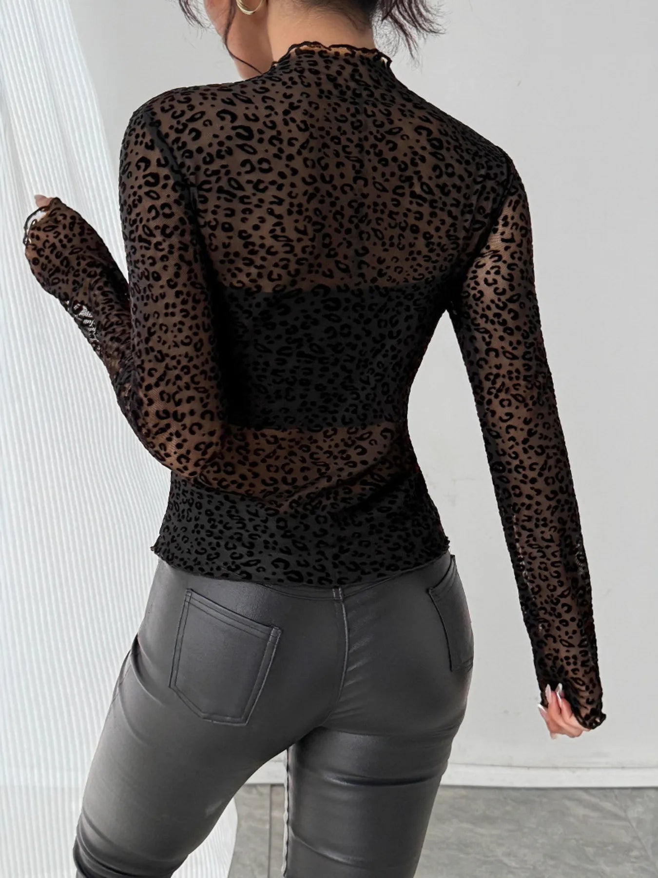 Leopard Print Mesh Long Sleeve T-Shirt OutfitFlow