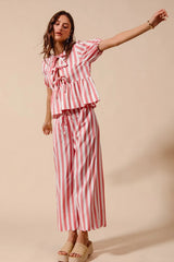 SO ME Front Tie Stripe Top With Puff Sleeves and Wide Leg Pants Set OutfitFlow