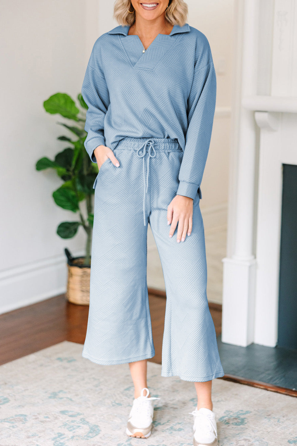 Outfit Flow - Textured Collared Neck Top and Wide Leg Pants Set