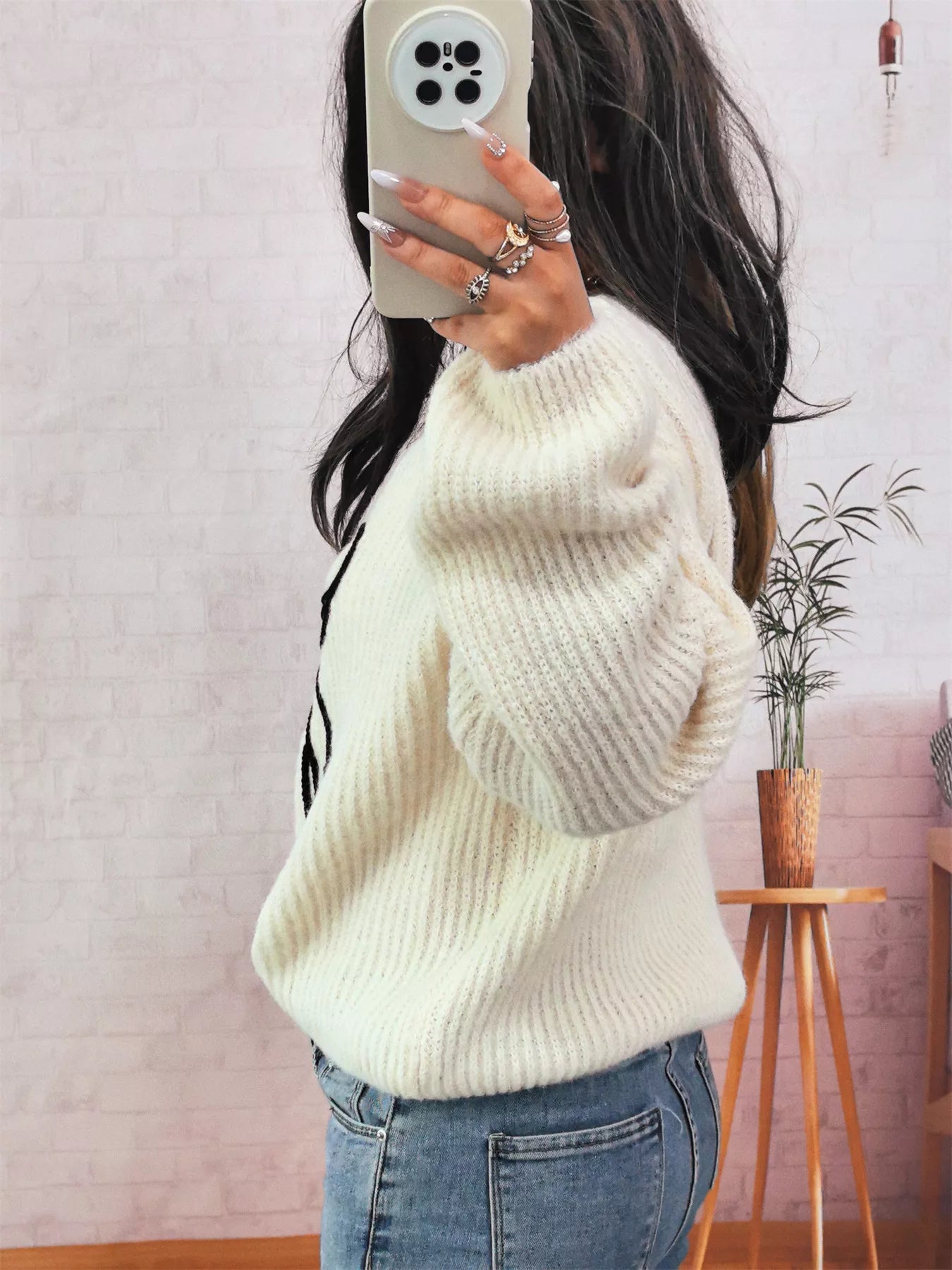 Bow Round Neck Long Sleeve Sweater OutfitFlow