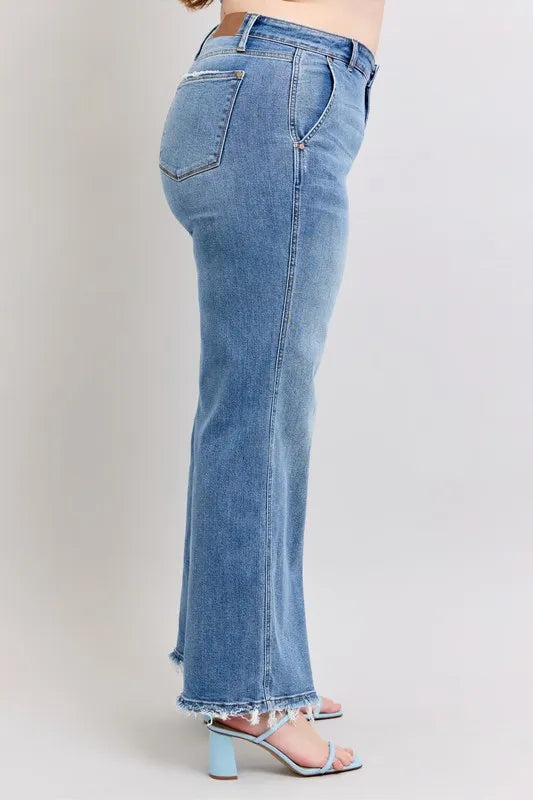 Judy Blue Full Size Raw Hem Wide Leg Jeans Plus Size OutfitFlow
