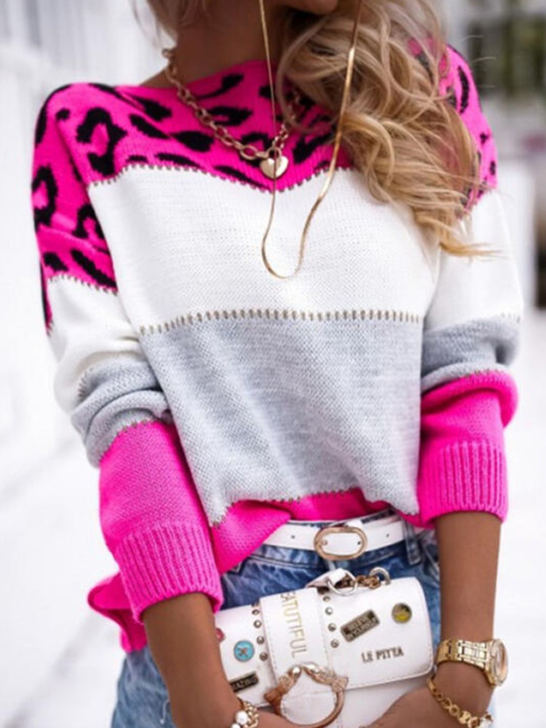 Outfit Flow - Leopard Color Block Round Neck Long Sleeve Sweater