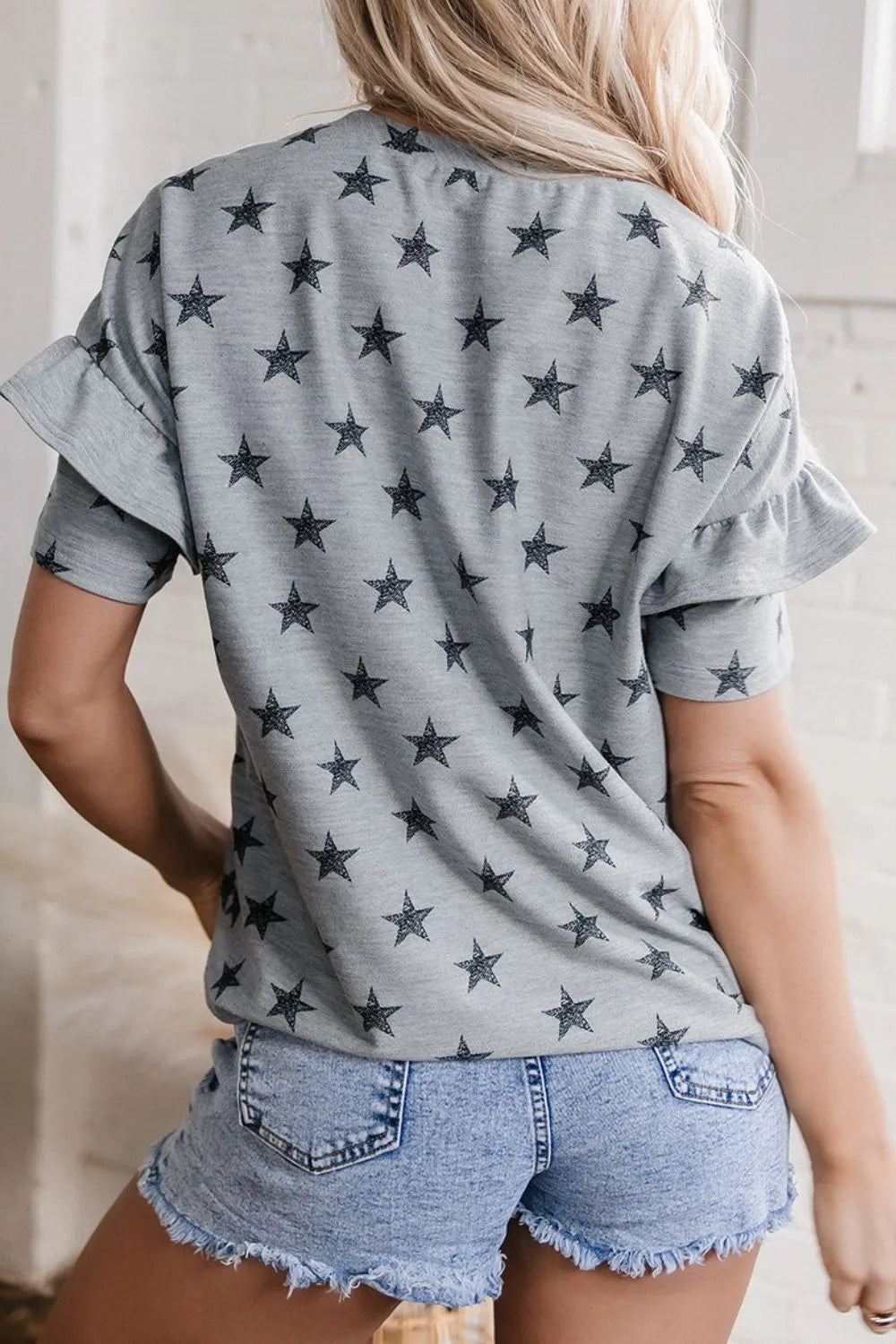 Star Print Tiered Ruffled Sleeve Crew Neck T Shirt OutfitFlow