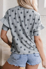 Star Print Tiered Ruffled Sleeve Crew Neck T Shirt OutfitFlow