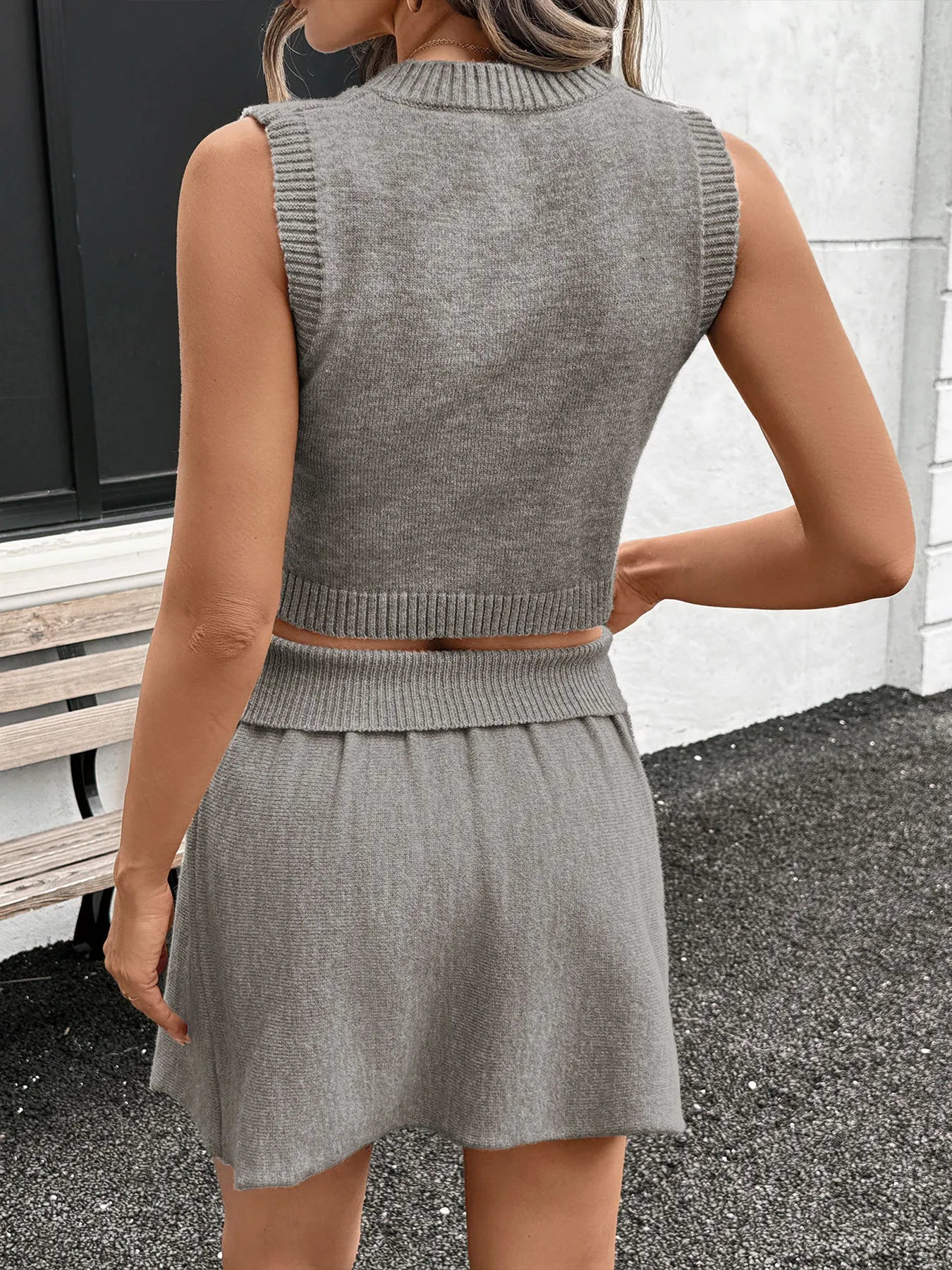 V-Neck Vest and Skirt Knit Set OutfitFlow