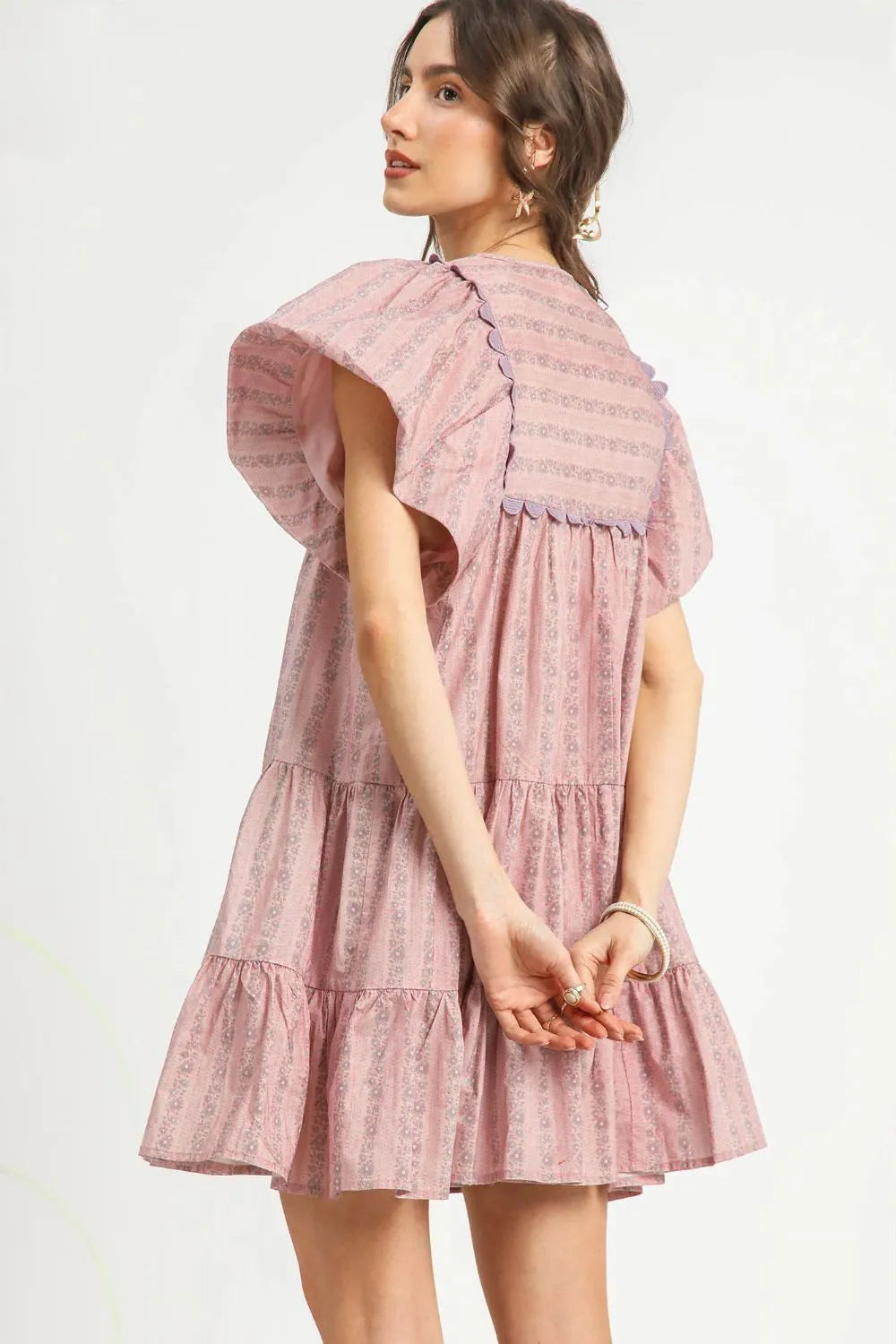Umgee Floral Ruffled Cap Sleeve Tiered Mini Dress OutfitFlow