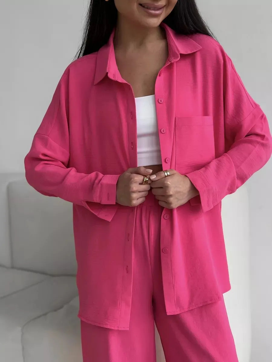 Button Up Long Sleeve Shirt and Pants Set Rose Red OutfitFlow