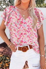 Flutter Sleeve Notched Floral Summer Blouse OutfitFlow