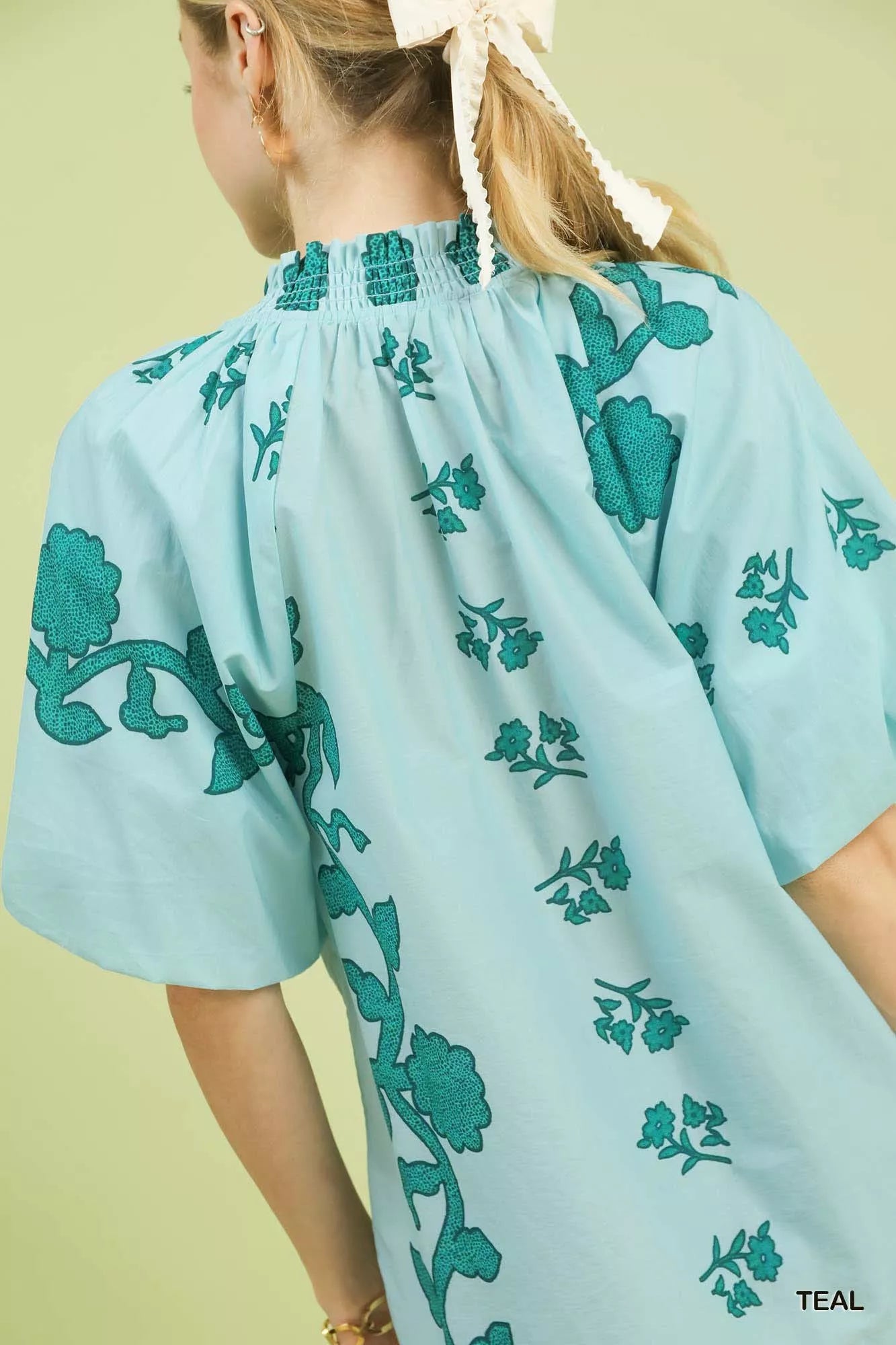 Umgee Floral Smocked Notched Puff Sleeve Blouse OutfitFlow