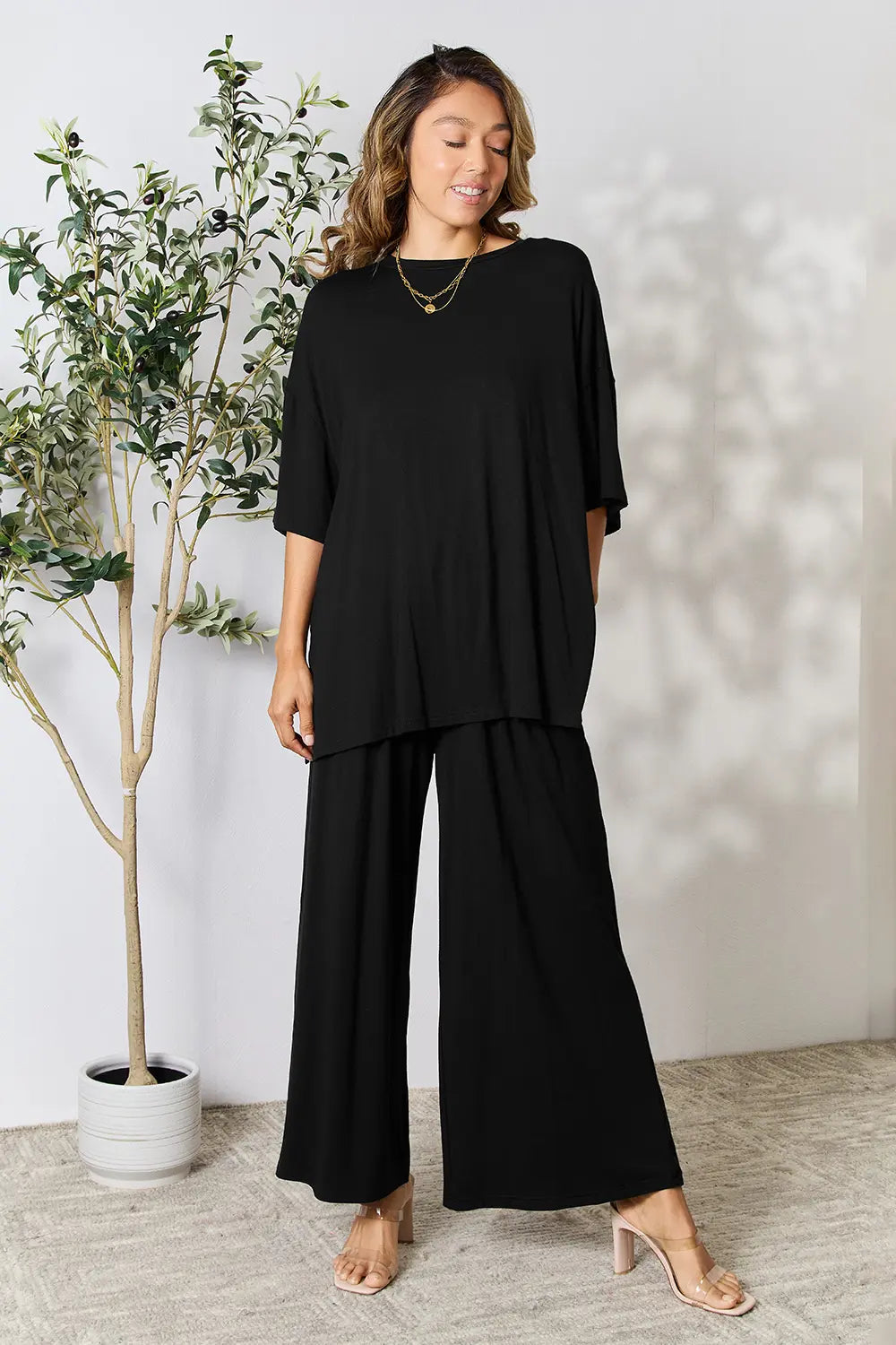 Double Take Full Size Round Neck Slit Top and Pants Set Black OutfitFlow