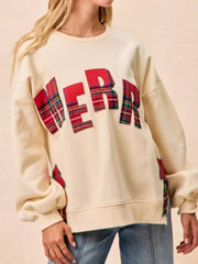 MERRY Bow Slit Crew Neck Christmas Sweatshirt Cream OutfitFlow