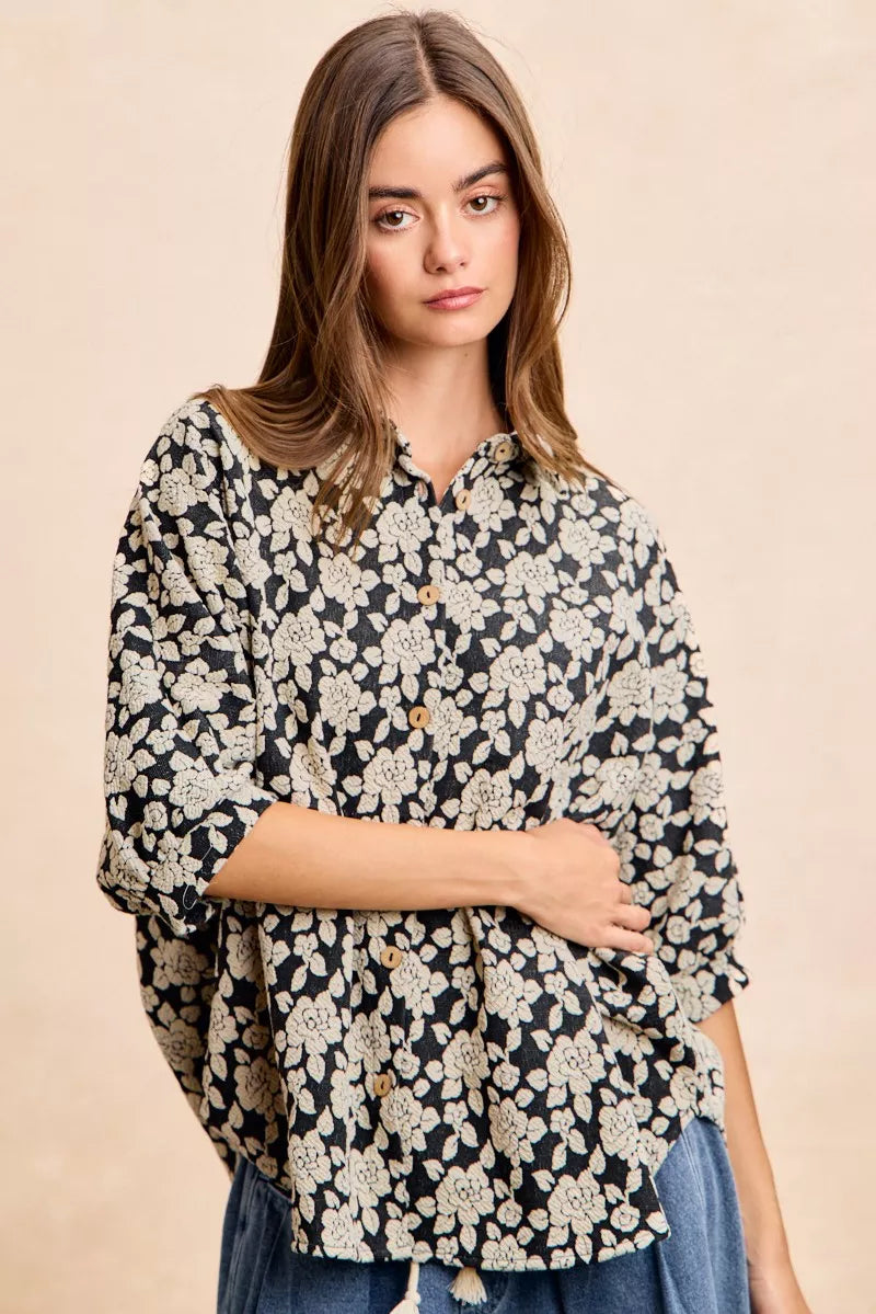 BiBi Floral Jacquard Short Dolman Sleeves Shirt OutfitFlow