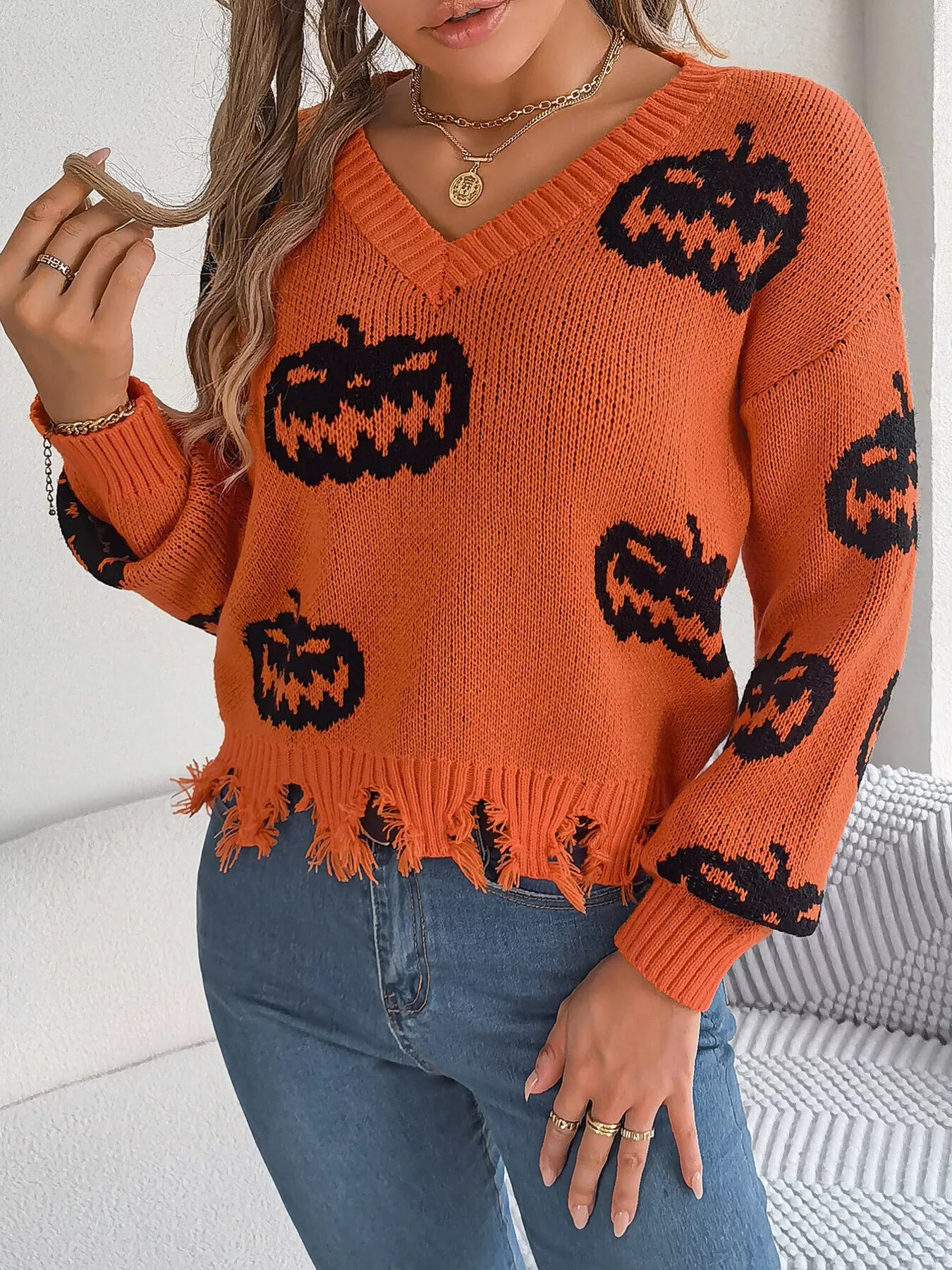 Halloween Pumpkin Pattern Raw Hem V-Neck Sweater OutfitFlow
