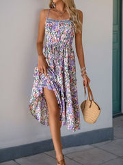 Perfee Decor Button Printed Sleeveless Tiered Midi Dress OutfitFlow
