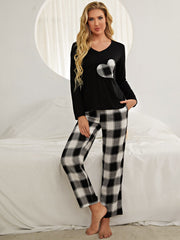 Outfit Flow - Plaid Heart Top and Pants Lounge Set