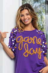 BiBi Game Day Metallic Letter Spangle Sleeve Top OutfitFlow