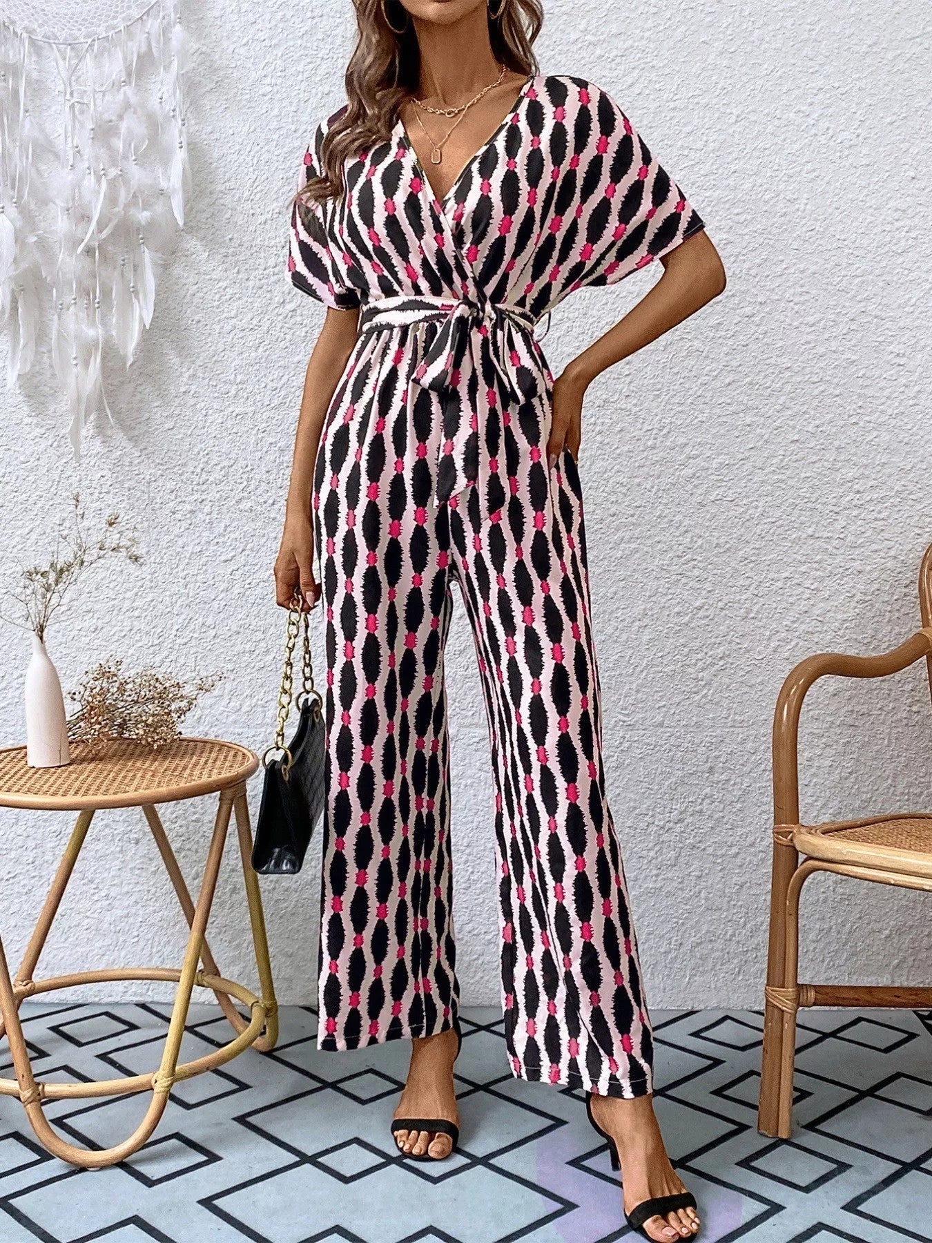 Printed Surplice Tie Waist Short Sleeve Jumpsuit OutfitFlow