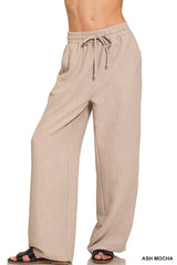Zenana Woven Crepe Elastic Band Pants ASH MOCHA Trendsi