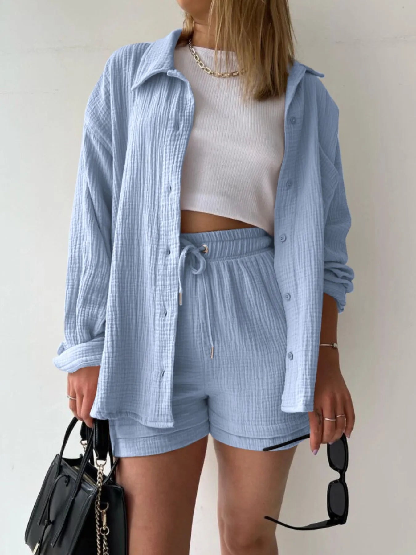 Textured Button Up Shirt and Shorts Set OutfitFlow