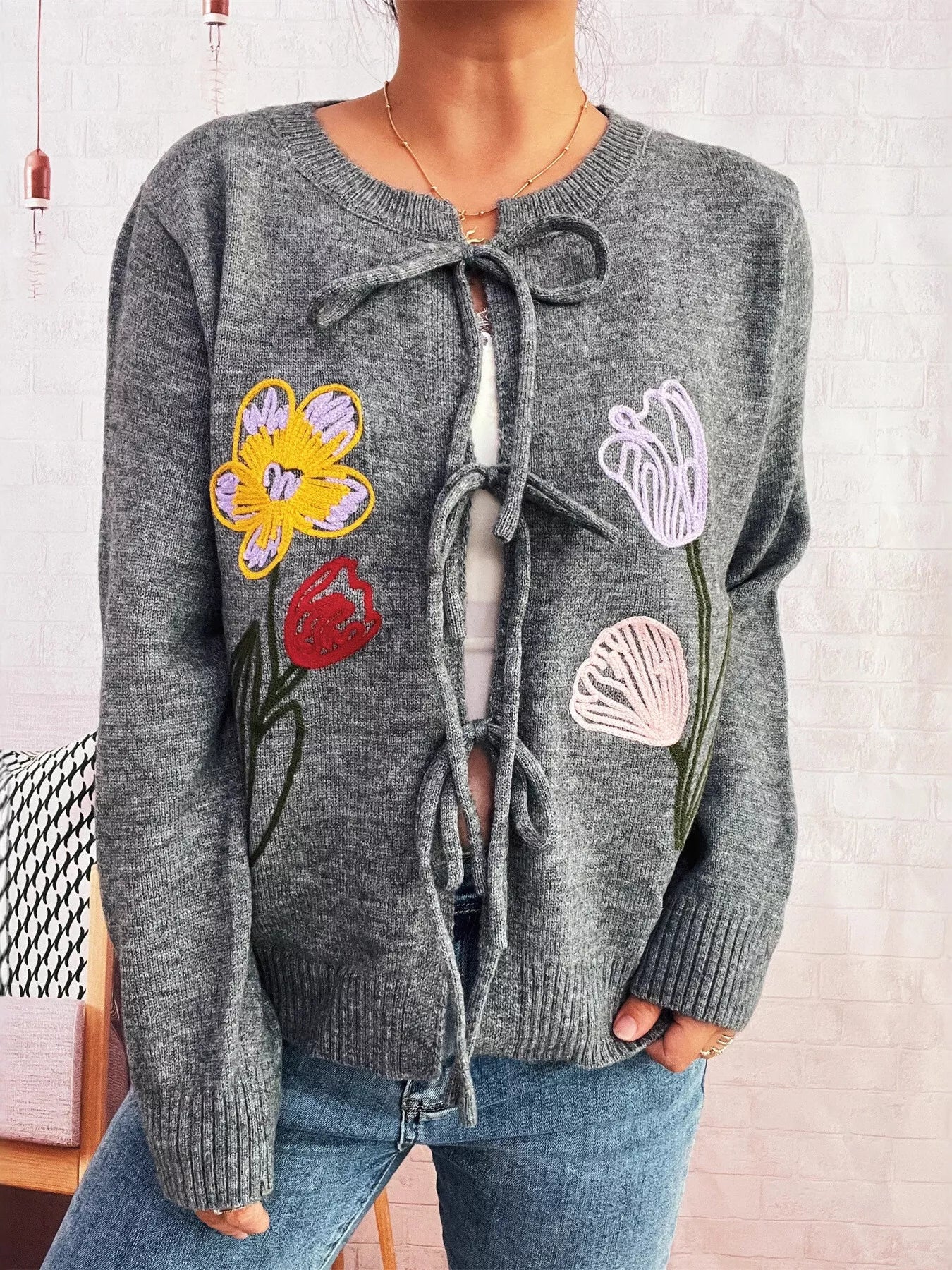 Floral Ribbed Hem Tie Front Cardigan OutfitFlow