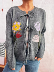 Floral Ribbed Hem Tie Front Cardigan OutfitFlow