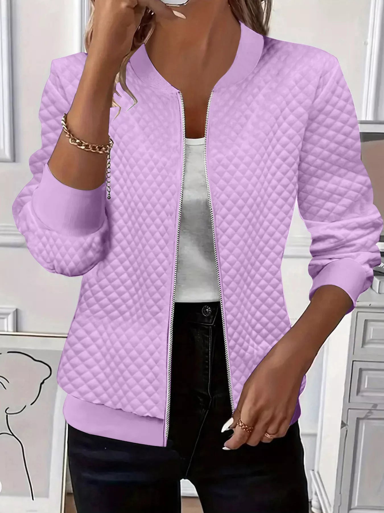 Textured Zip Up Long Sleeve Jacket Purple OutfitFlow