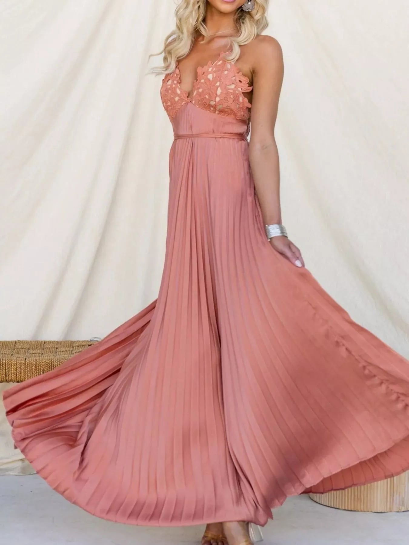 Pleated Backless Maxi Cami Dress OutfitFlow