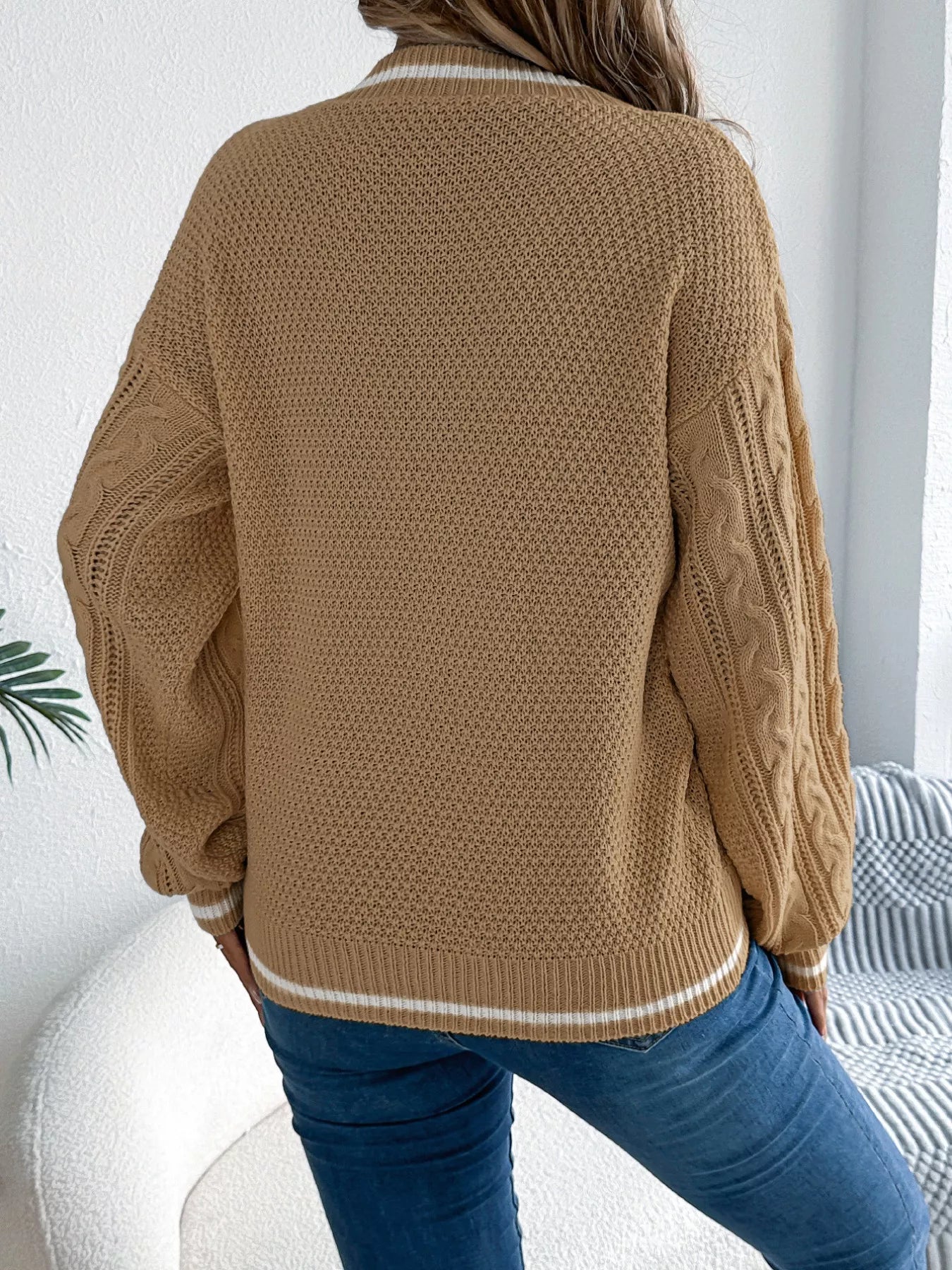 Cable Knit V-Neck Long Sleeve Sweater OutfitFlow