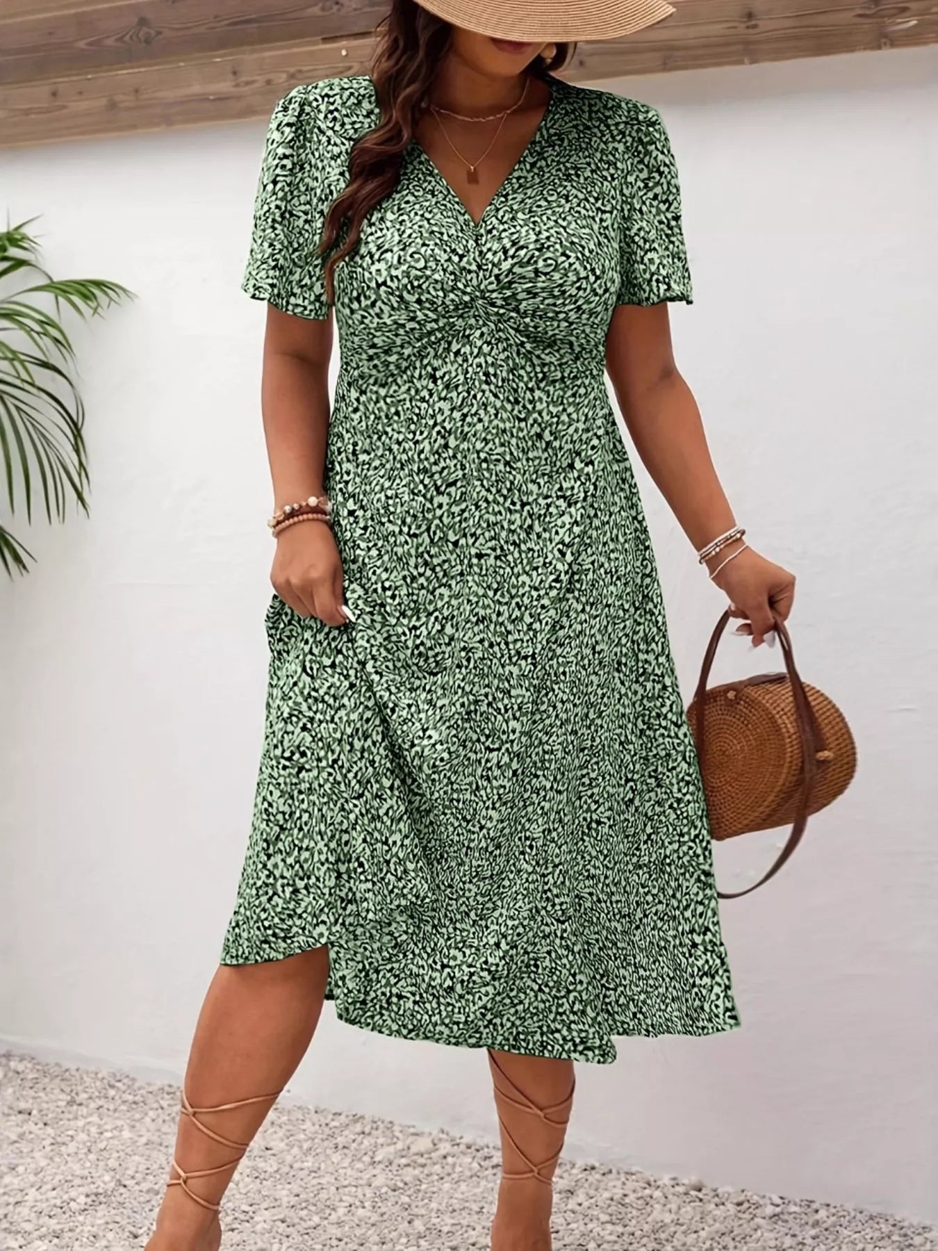 Plus Size Printed V-Neck Short Sleeve Midi Dress OutfitFlow