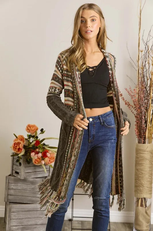 ADORA Full Size Fringe Hem Aztec Cardigan Plus Size OutfitFlow