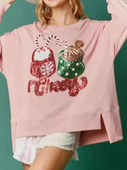 Christmas Sequin High-Low Round Neck Sweatshirt OutfitFlow