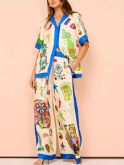 Printed Button Up Shirt and Pants Set Blue OutfitFlow