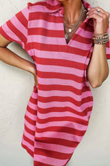 Casual Striped Polo Collar T-Shirt Dress OutfitFlow