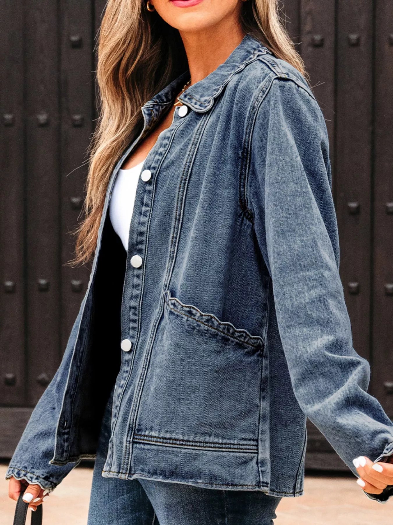 Scallop Trim Collar Patched Pocket Button Up Denim Jacket OutfitFlow